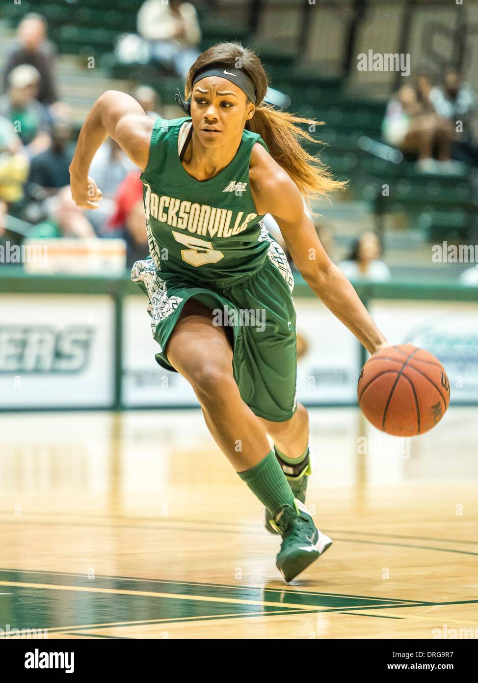 - DeLand, FL, U . 25 gennaio, 2014. S: Jacksonville delfini avanti Jade Cargill (5) durante la prima metà della donna di pallacanestro del NCAA di azione di gioco tra Jacksonville i delfini e la Stetson Hatters presso il centro di Edmund in DeLand, Fl. © csm/Alamy Live News Foto Stock