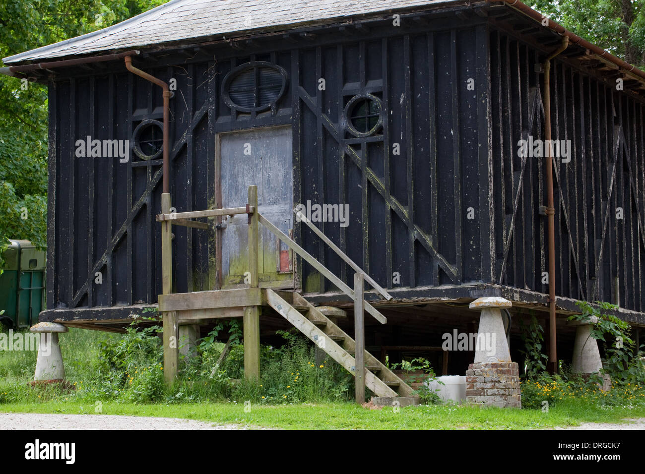 Sella di pietra angolare di supporto di un granaio. Firle station wagon, East Sussex. In Inghilterra. Regno Unito. Tappo a fungo frustra entrata da roditori. Foto Stock