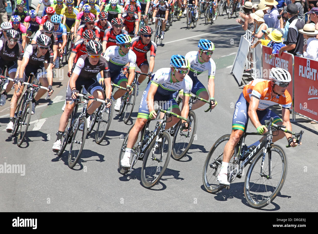 Adelaide, Australia. Il 26 gennaio 2014. Simon GERRANS (Aus) (anteriore con la maglia arancione) dal Team Orica-Greenedge competere nella fase 6 del Santos Tour Down Under in Adelaide. Gerrans (Aus) è stato il vincitore del Tour. Foto Stock