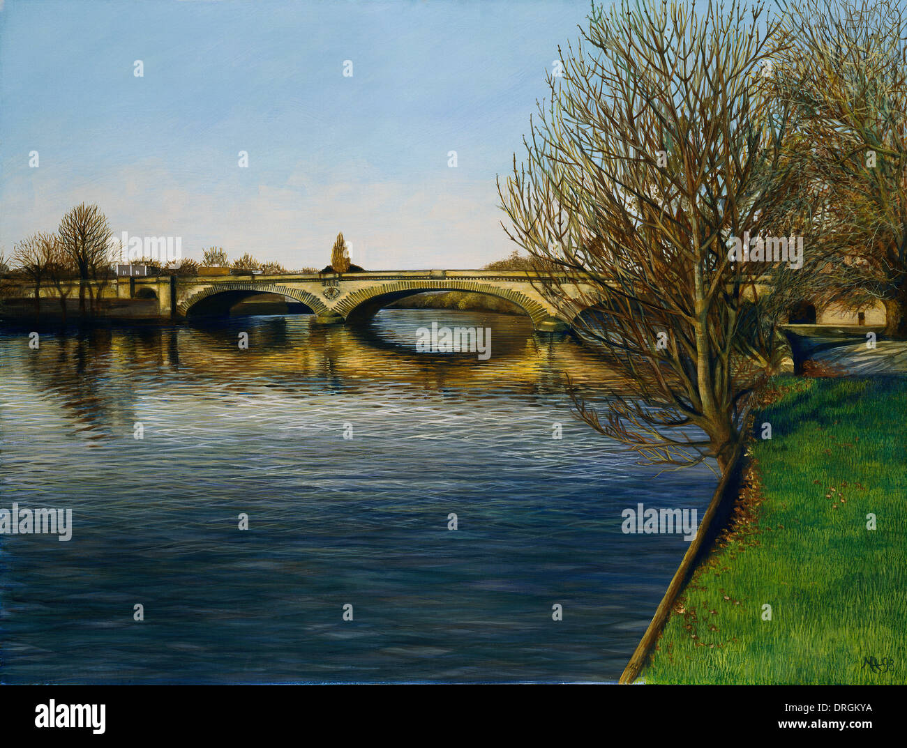 Dipinto di illustrazione di Kew Bridge dal filamento sul verde sul fiume Tamigi nel Sud di Londra Foto Stock