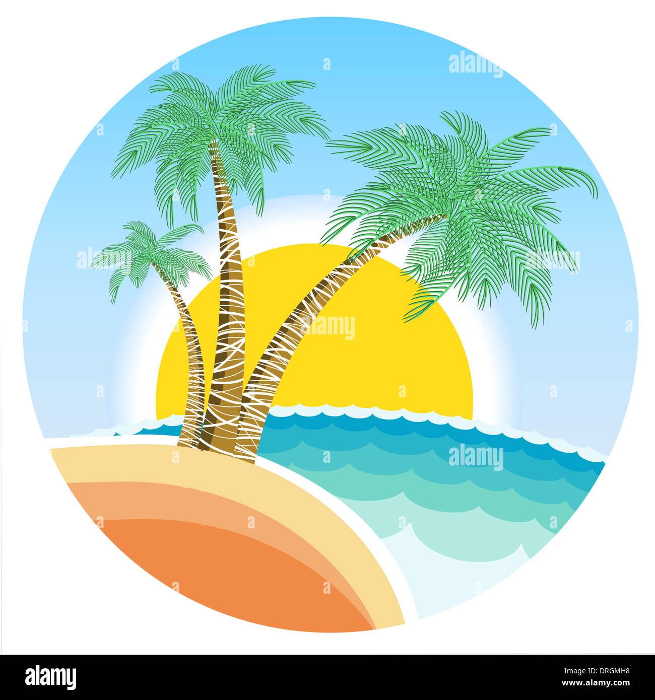 Sfondo tropicale dell'isola paradisiaca con profilo delle palme e illustrazione del cielo. Illustrazione del poster Vector Seascape Foto Stock