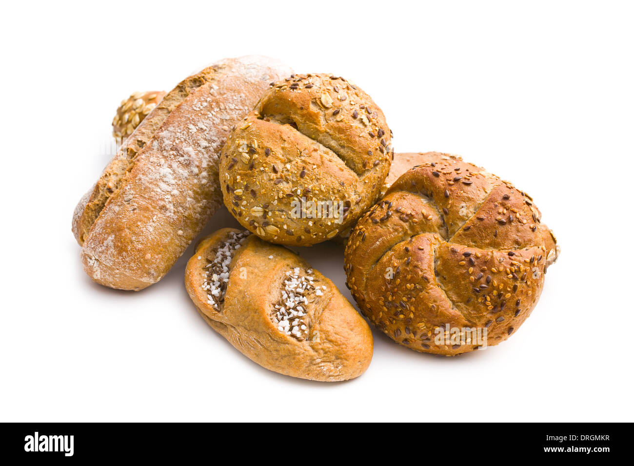 Mix di vari tipi di pane su sfondo bianco Foto Stock