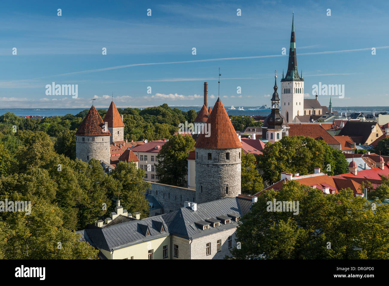 Vista dello Skyline di Tallinn, San dell'Olaf Chiesa e dock Navi da Crociera in la distanza dalla parte superiore città vecchia parete, Tallinn, Estonia Foto Stock