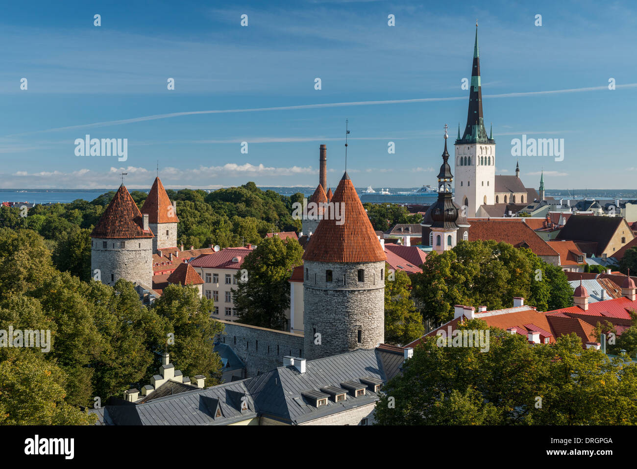 Vista dello Skyline di Tallinn, San dell'Olaf Chiesa e dock Navi da Crociera in la distanza dalla parte superiore città vecchia parete, Tallinn, Estonia Foto Stock