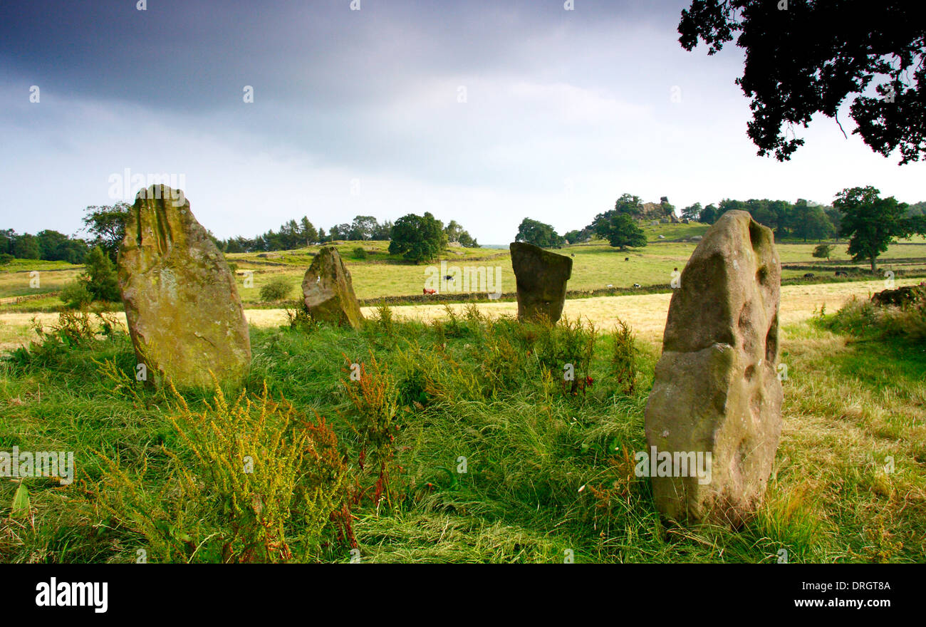 Le restanti quattro pietre di nove pietre vicino cerchio di pietra in un campo Harthill Moor, Peak District, Derbyshire, Inghilterra, Regno Unito. Foto Stock