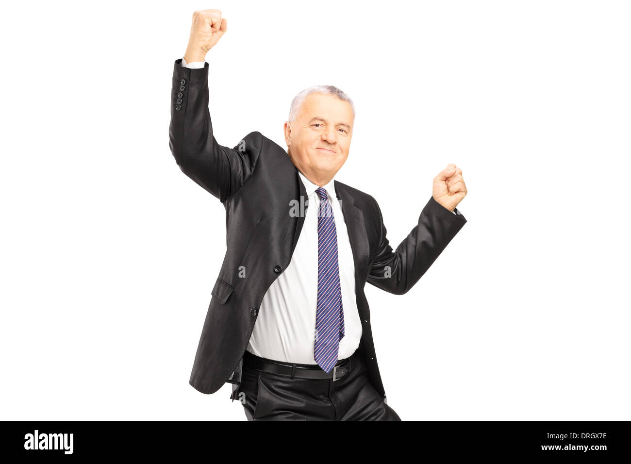 Imprenditore estatica con le mani in aria Foto Stock