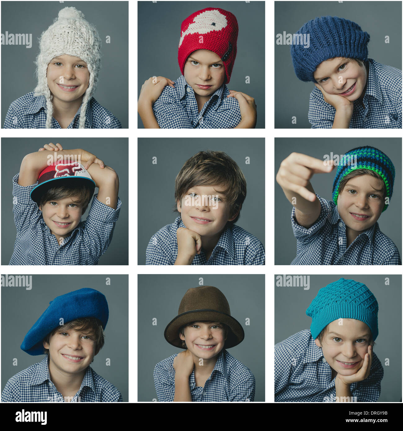 Fotokollage, Junge mit verschiedenen Kopfbedeckungen - photo collage, ragazzo con diverse testate Foto Stock
