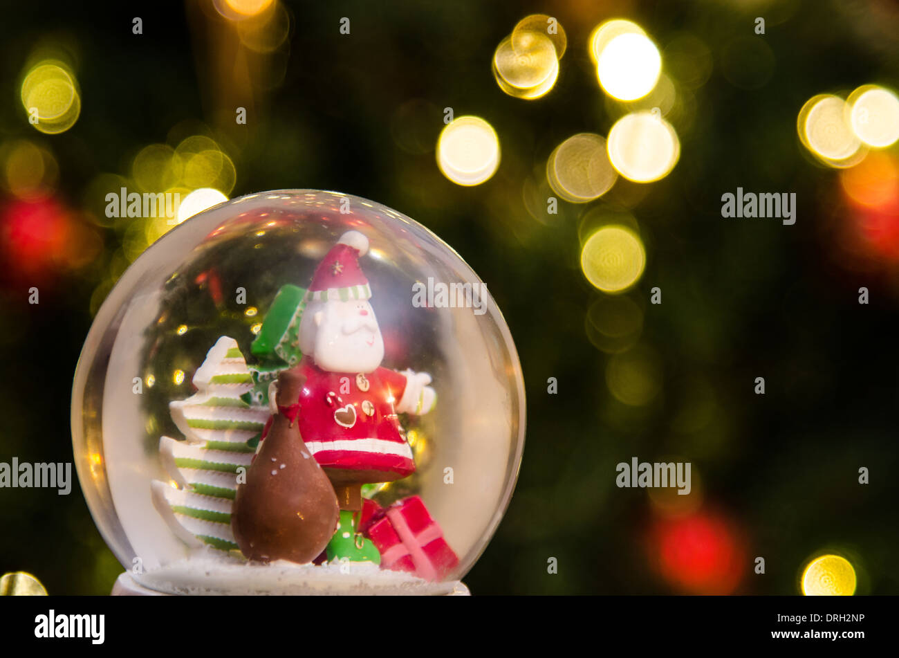 Babbo Natale Snowglobe nella parte anteriore di un albero di Natale illuminato Foto Stock