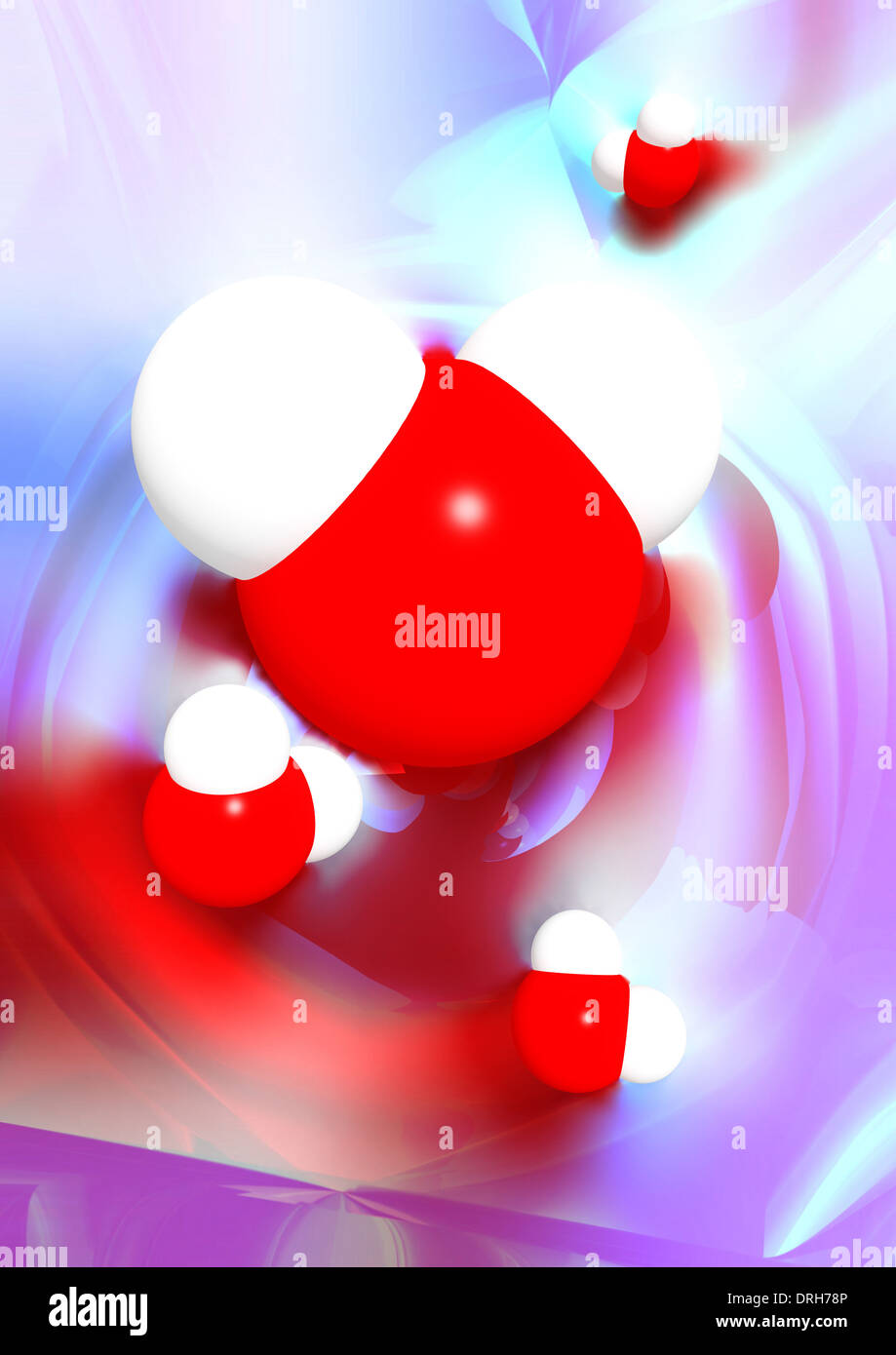 Concettuale colorato 3D illustrazione delle molecole di acqua H2O più astratto sfondo vividi. Foto Stock