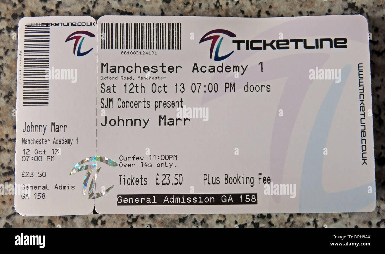 Johnny Marr biglietto concerto di Manchester 2013 Foto Stock