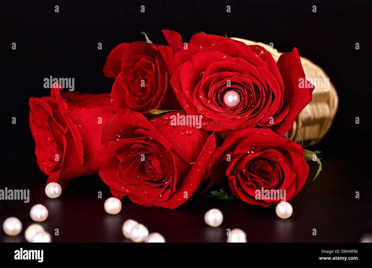 Red Rose in un cesto e perle bianche su sfondo nero Foto Stock