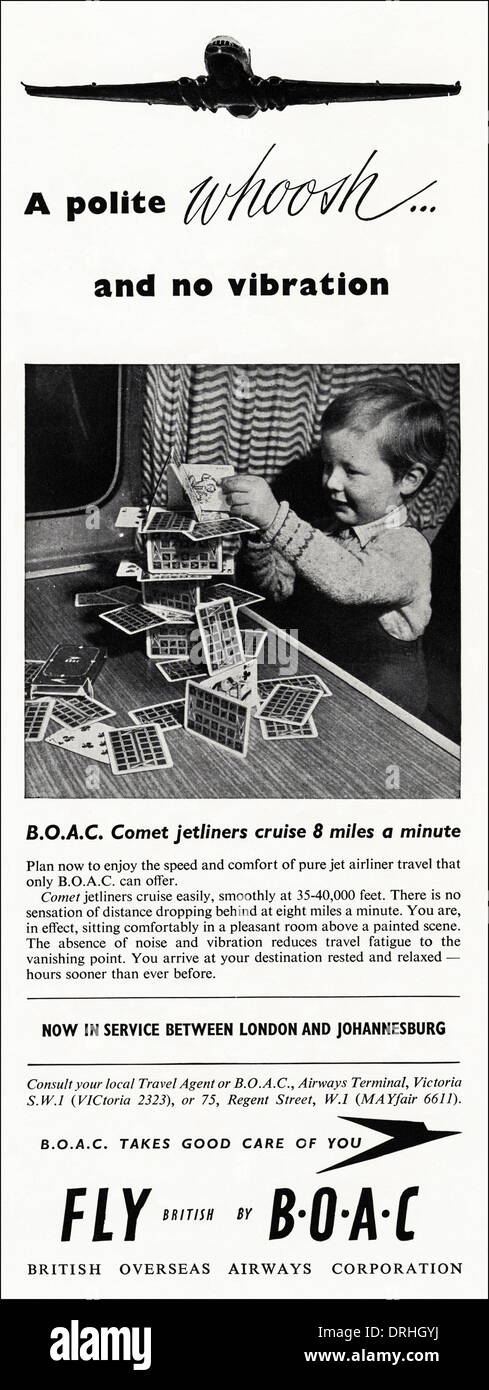 Anni Cinquanta annuncio rivista pubblicità viaggio volo con BOAC, annuncio circa 1952. Foto Stock