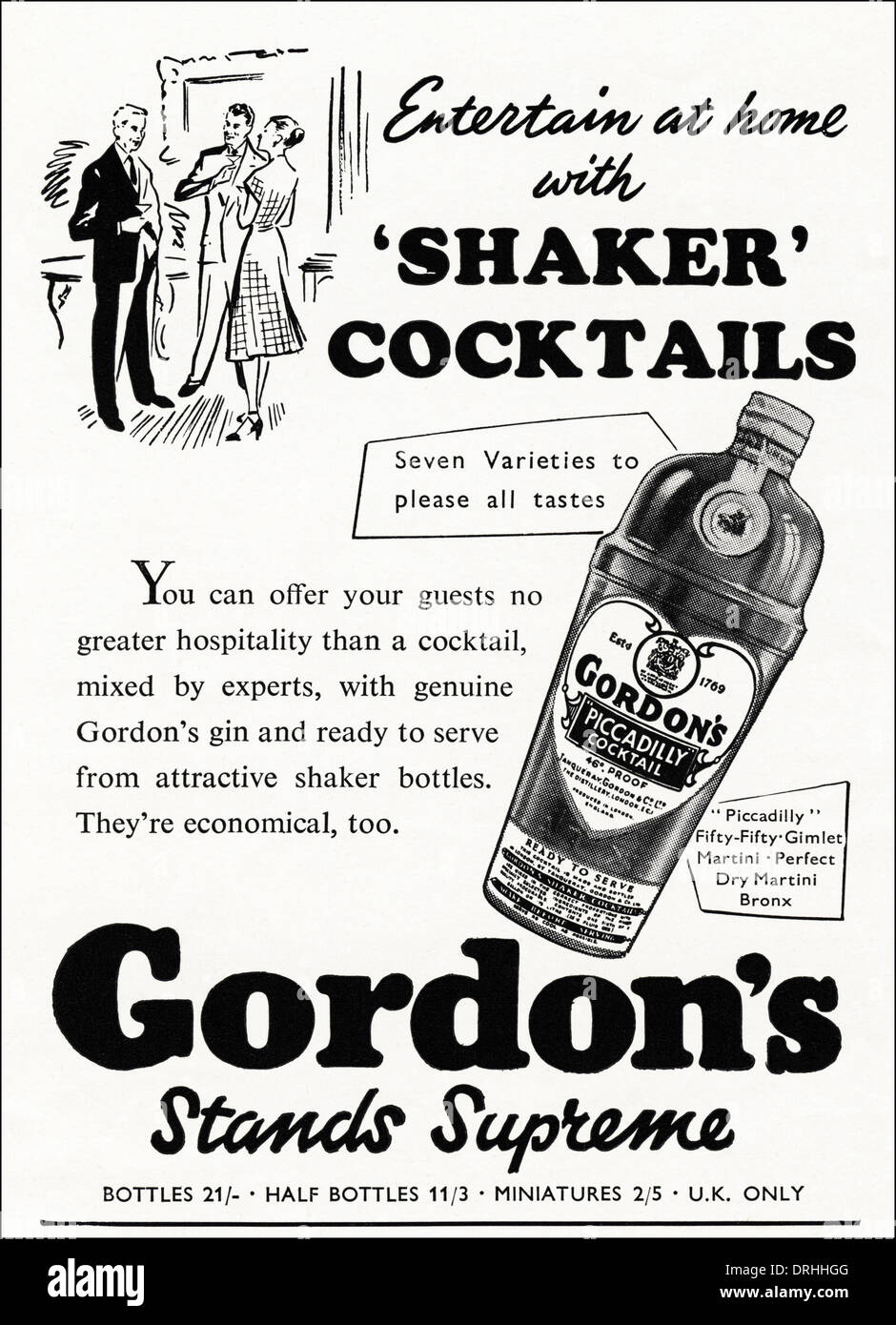 Anni Cinquanta pubblicità pubblicità gin Gordon's per uso in cocktail, annuncio circa 1952. Foto Stock