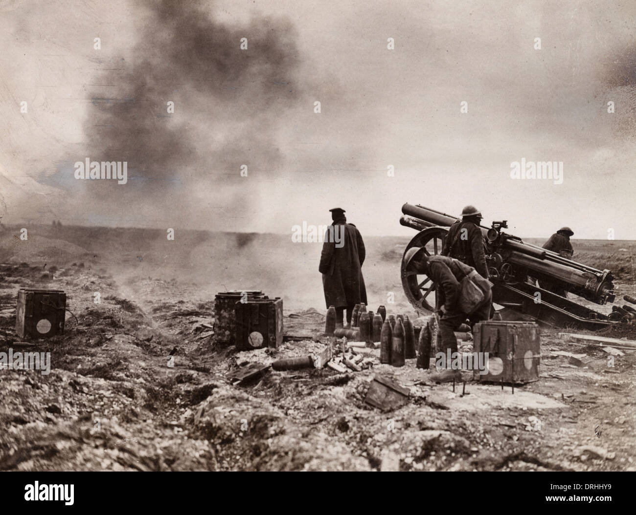 Artiglieria britannica in azione, fronte occidentale, WW1 Foto Stock