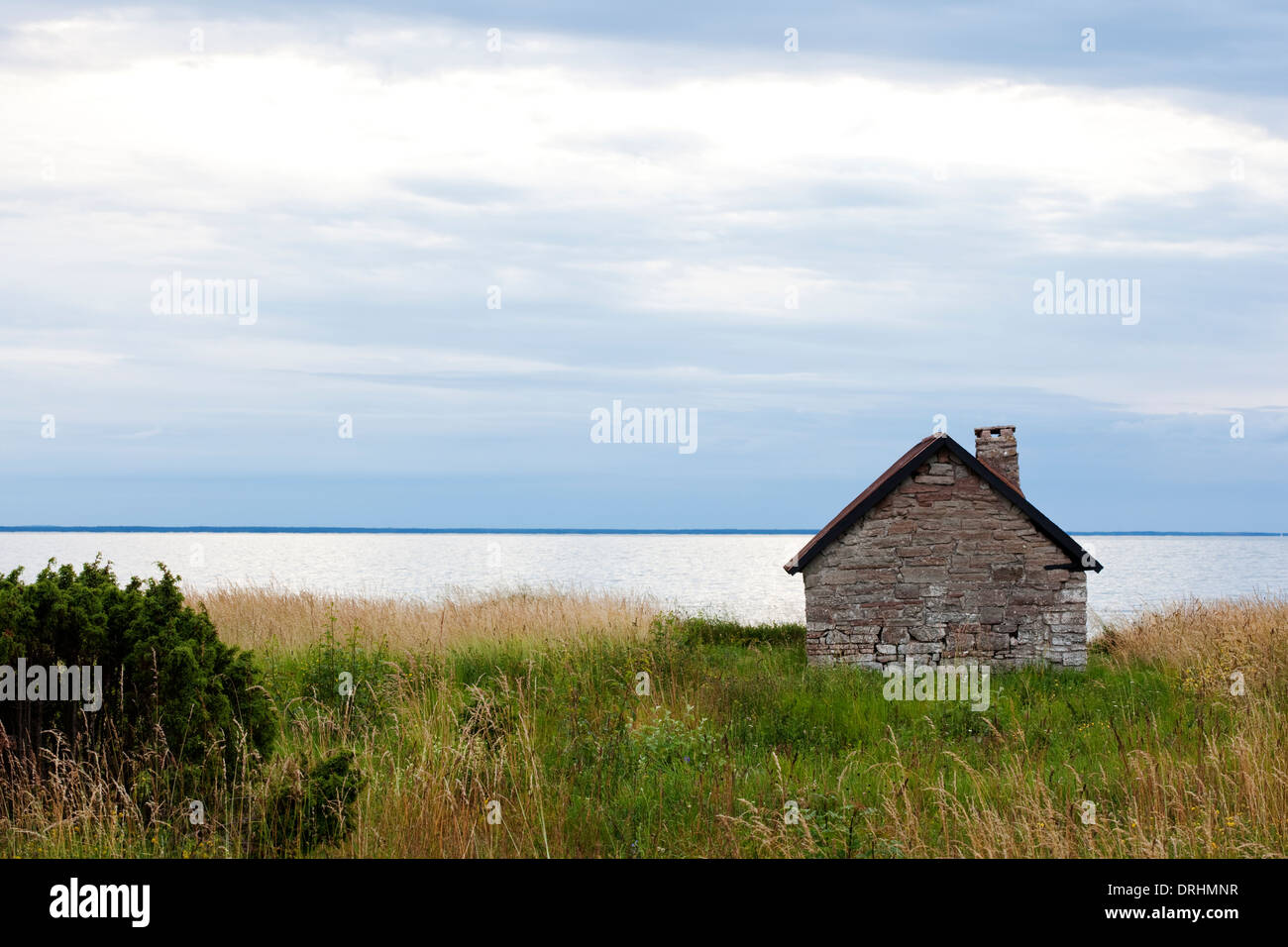 Campo con casa sfocata e la zona costiera in background.Djupvik,Öland.Svezia Foto Stock