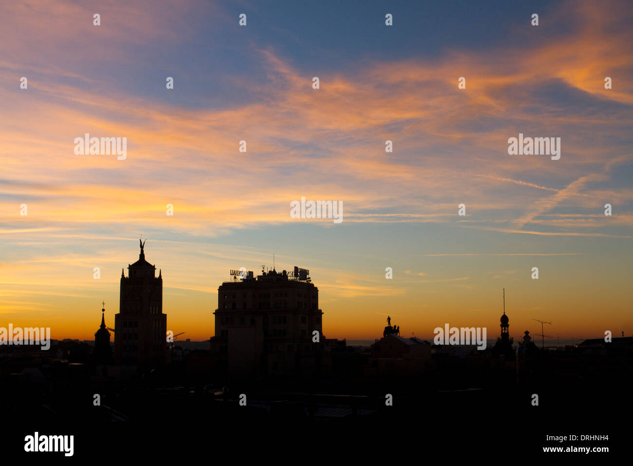 Skyline di Madrid di sunrise, Spagna Foto Stock