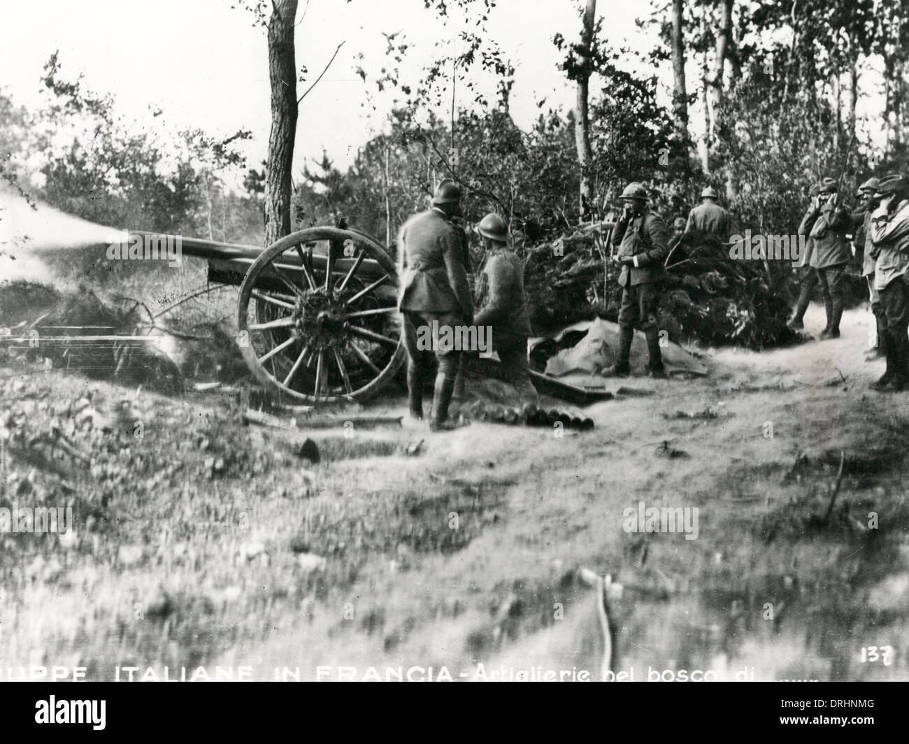 Artiglieri italiani in un bosco vicino a Reims, in Francia, WW1 Foto Stock