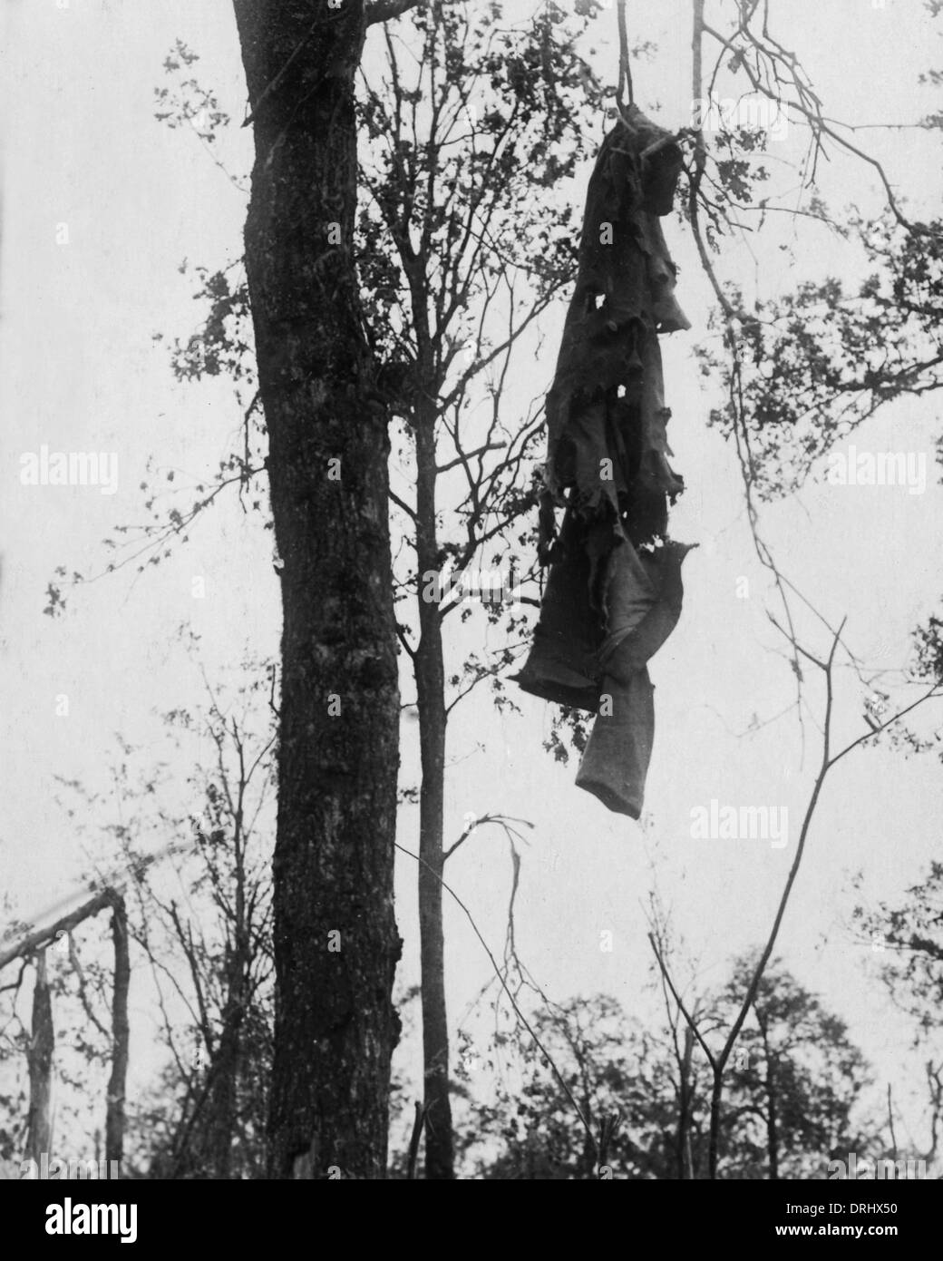 Il tedesco soprabito appeso da albero, fronte occidentale, WW1 Foto Stock