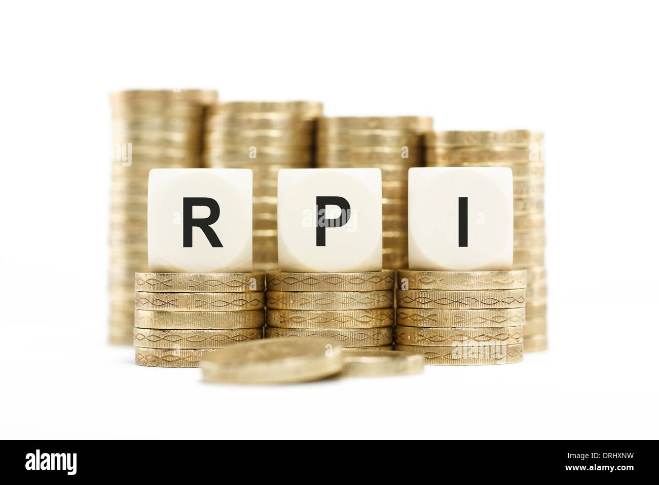 RPI (indice dei prezzi al dettaglio) su pile di monete isolato Sfondo bianco Foto Stock RPI (indice dei prezzi al dettaglio) su pile di monete isolato Sfondo bianco Foto Stock