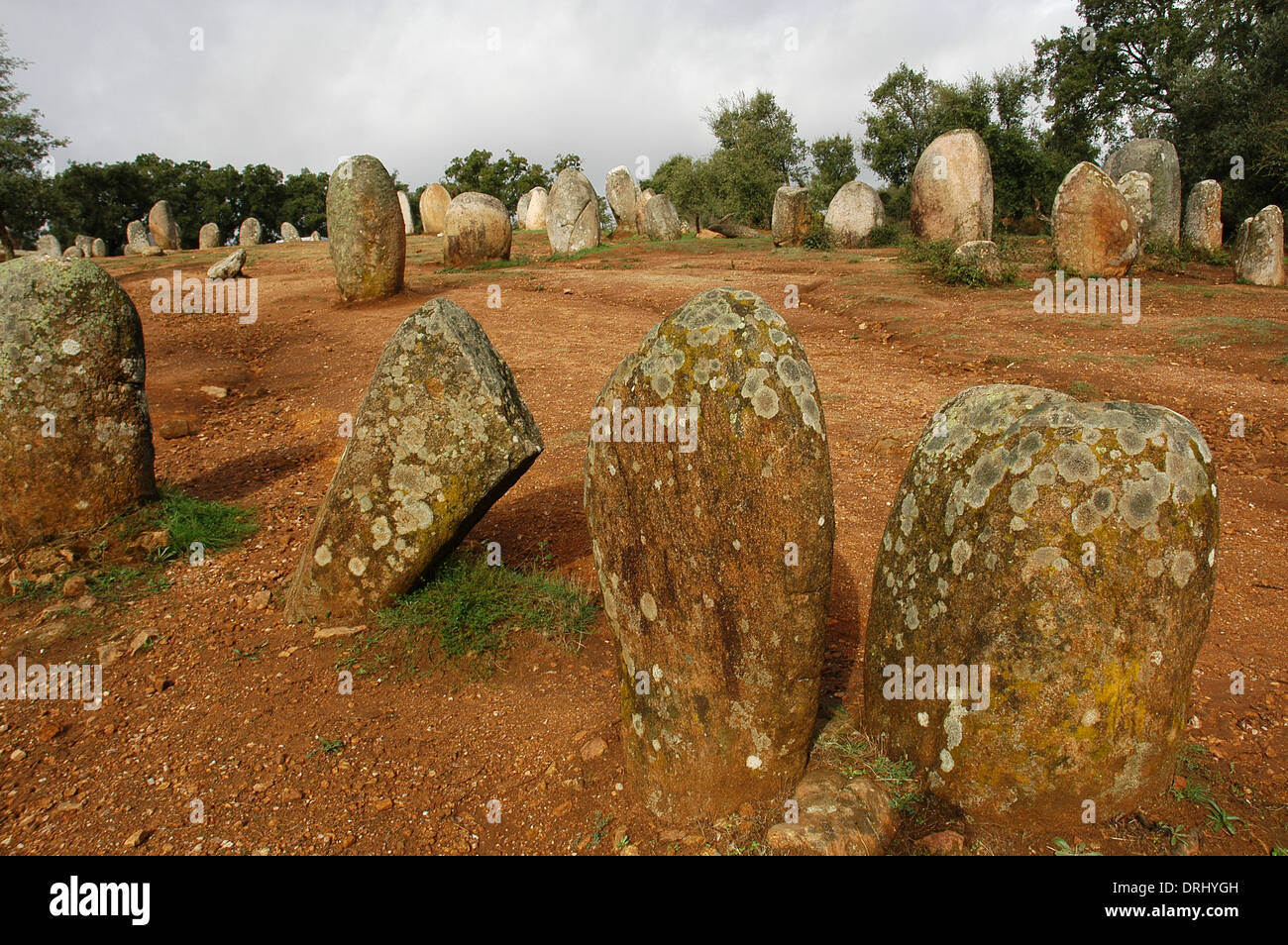 Il Portogallo. Vicino a Evora. Il Cromlech del Almendres. Complesso Megalitico: Cromlechs e menhir pietre. Neolitico. Foto Stock