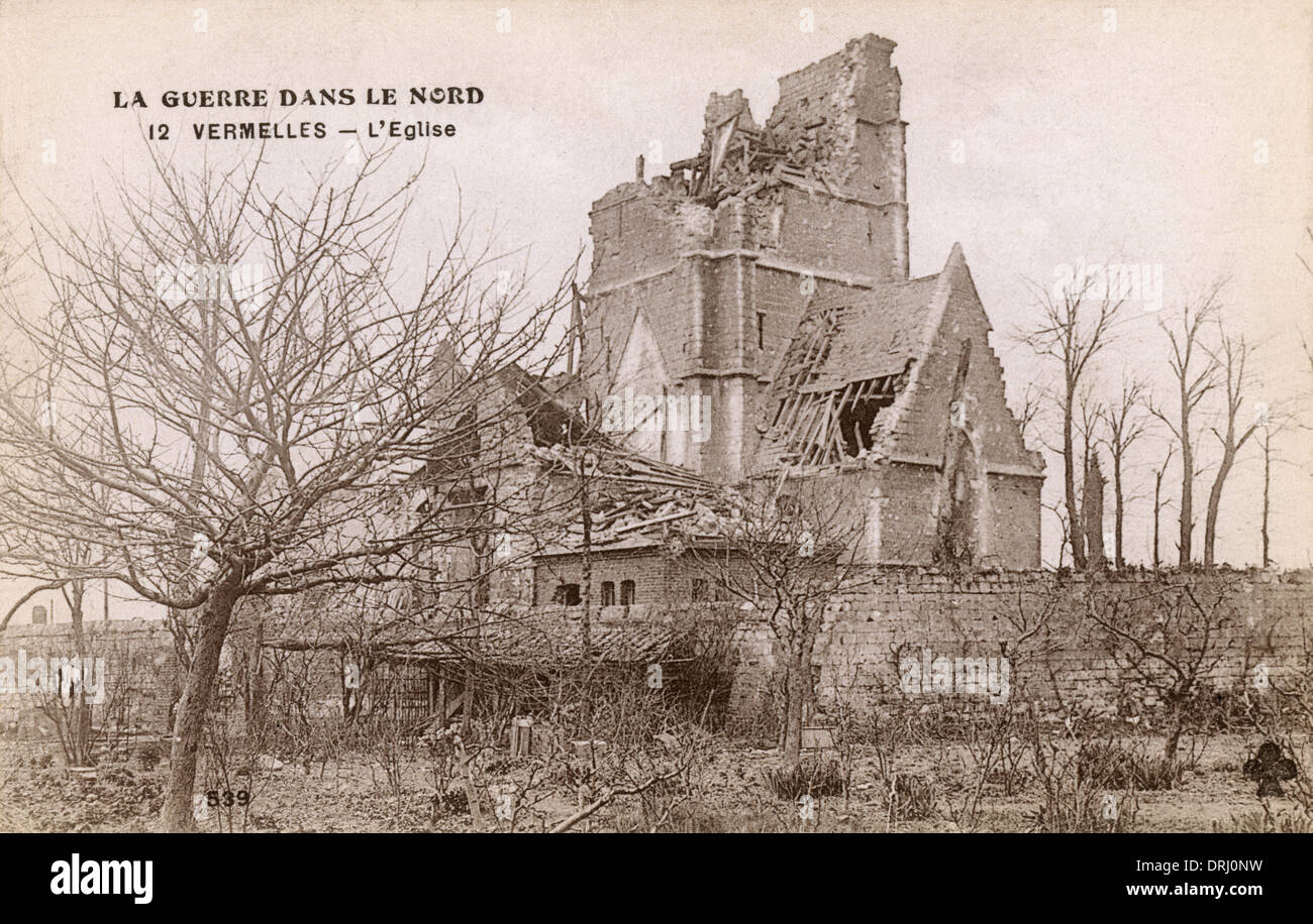 La prima guerra mondiale - Vermelles - La Chiesa in rovina Foto Stock