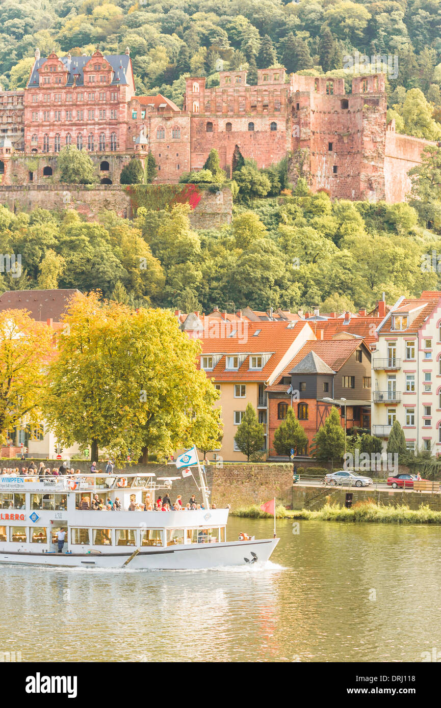 Escursione in barca sul fiume Neckar, parte vecchia e il castello di Heidelberg in background, heidelberg, BADEN-WUERTTEMBERG, Germania Foto Stock