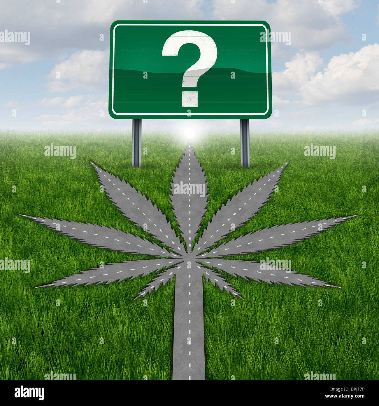 La cannabis o la marijuana marihuana domande concetto con una guida su strada o street a forma di vaso foglia e un segno di autostrada Foto Stock