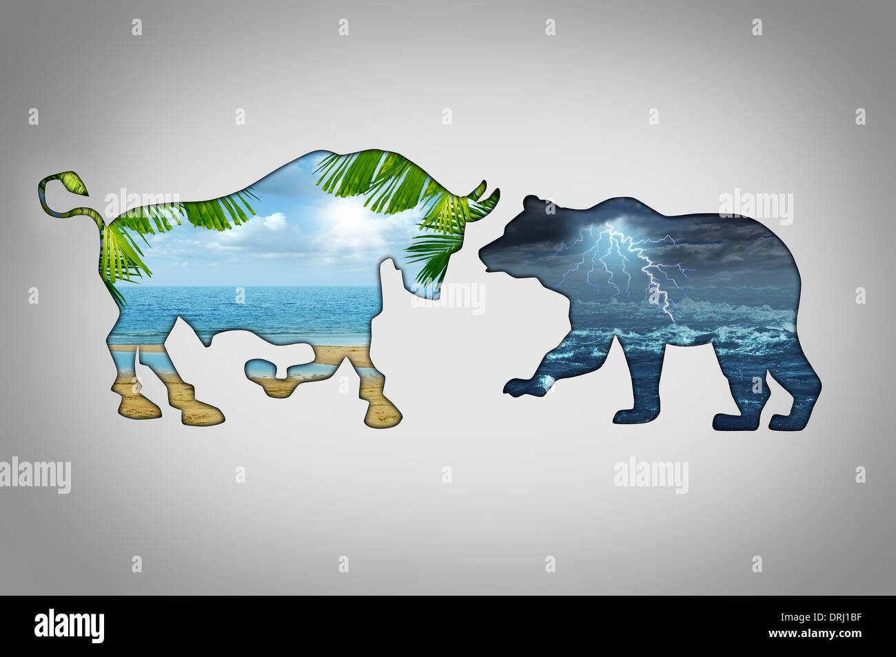Il clima di mercato il concetto di economia con una spiaggia tropicale scena paradiso contrastato con un fulmine tempestoso cloud notte in forma Foto Stock
