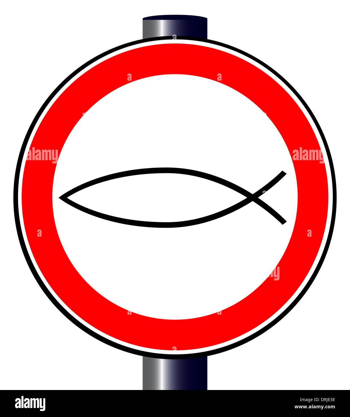 Una grande rotonda rossa segno del traffico visualizzando un 'cristiana pesce' logo. Foto Stock