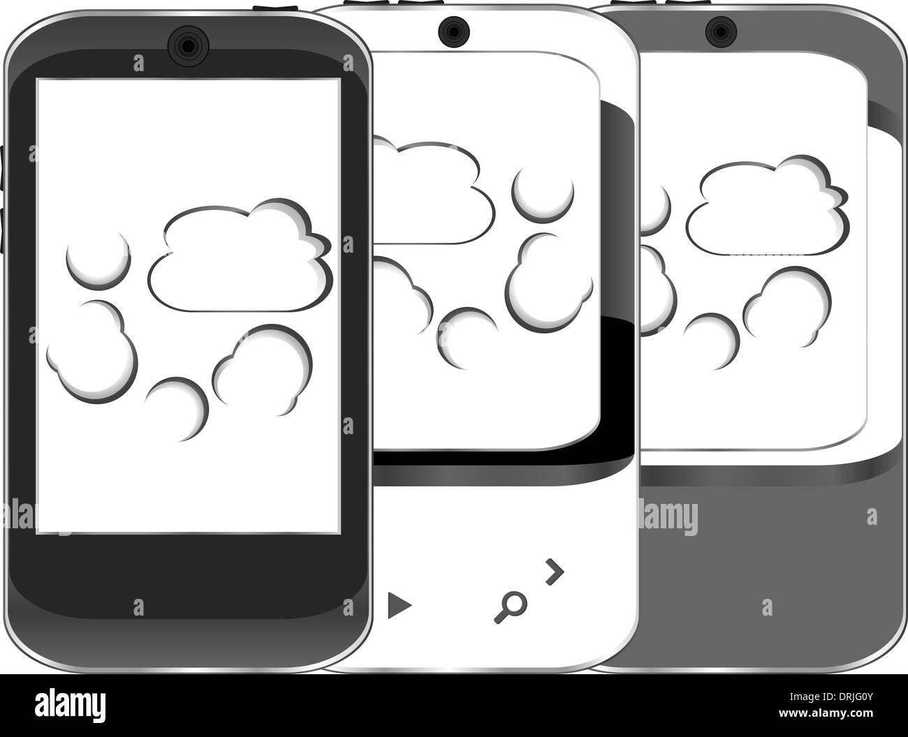 Smart phone set con il cloud computing simbolo su una schermata Foto Stock