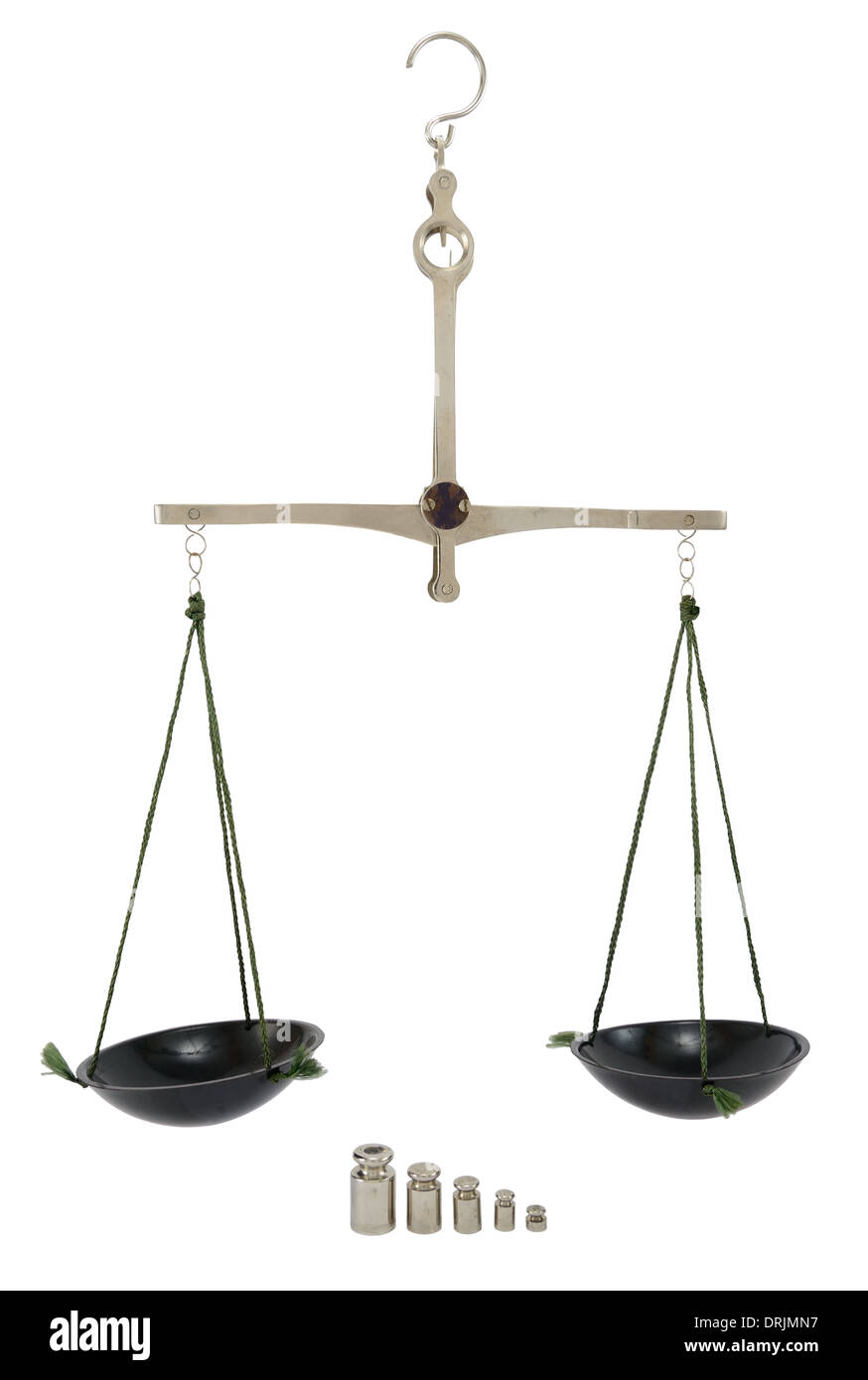 Balance / scala con diverso peso isolato su bianco. Foto Stock