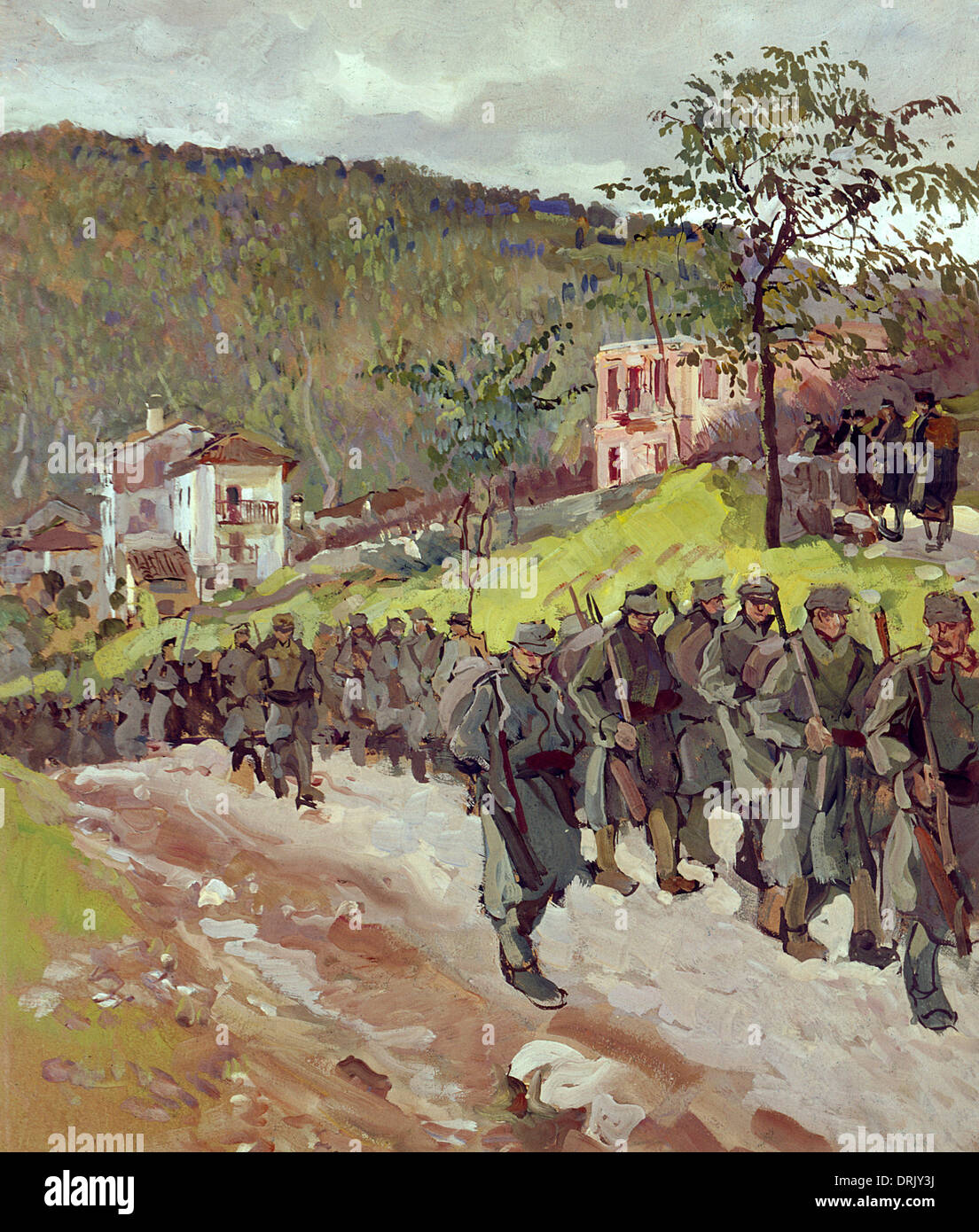 Austriaca di soldati che marciano lungo una strada di campagna, WW1 Foto Stock