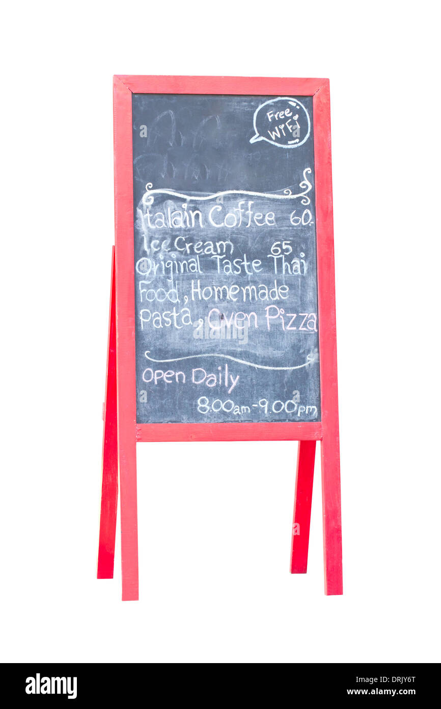 Pubblicità Chalk board isolato su bianco. Foto Stock