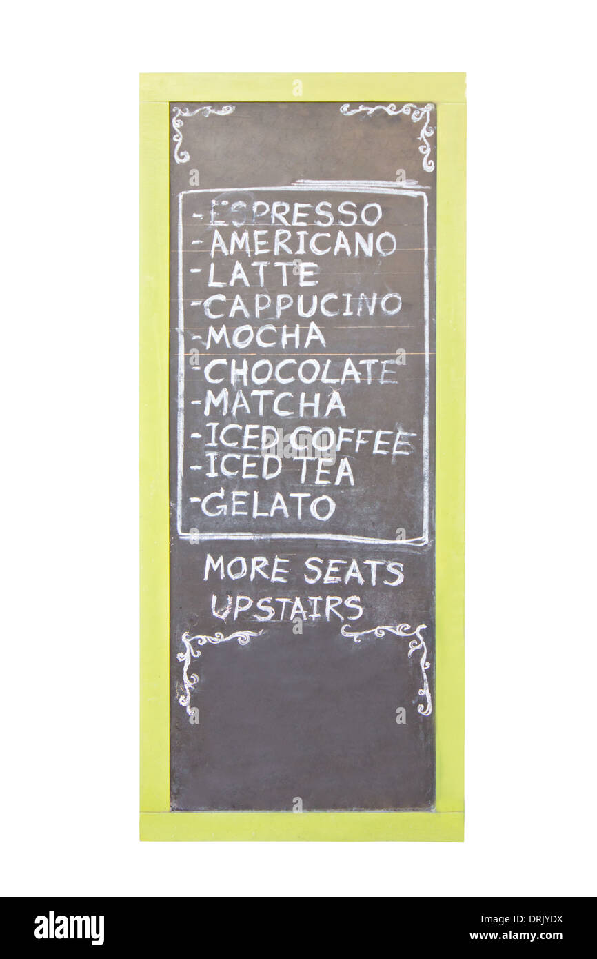 Lista di bevande su chalk board isolato su bianco Foto Stock