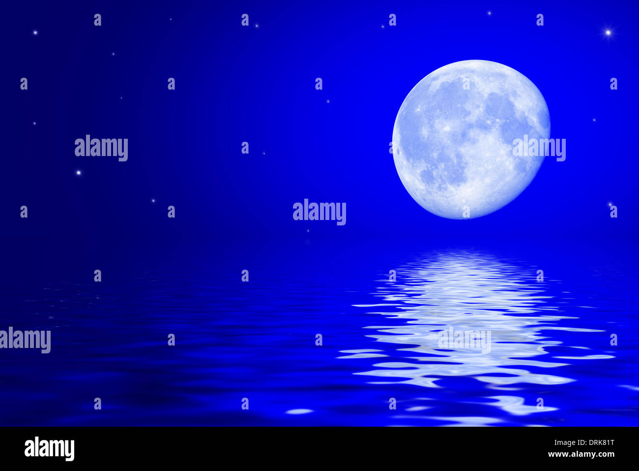 Cielo notturno con la luna e le stelle si riflette nella superficie dell'acqua. Illustrazione Foto Stock