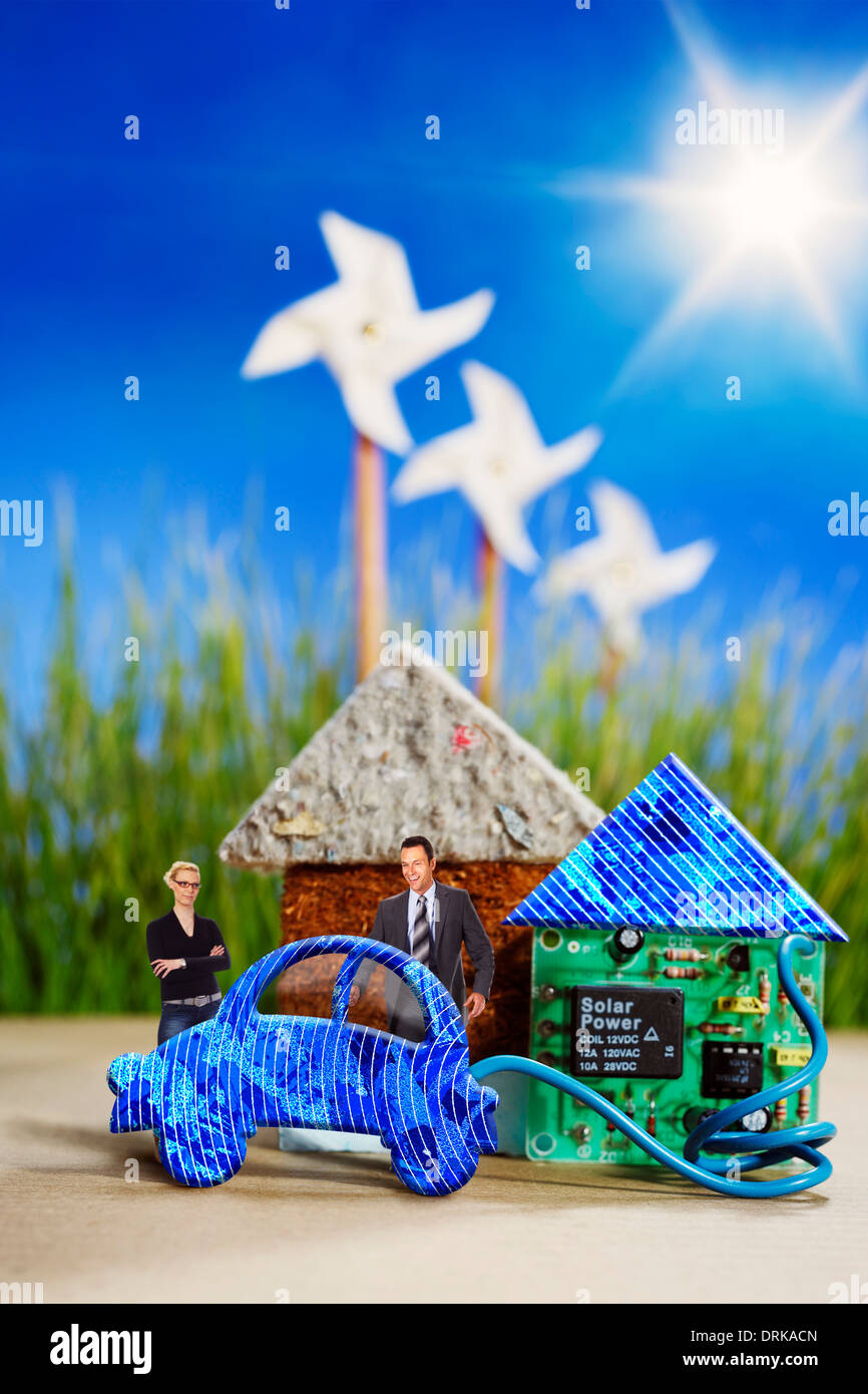 La composizione, energia turnaround, auto elettriche, isolamento, energia solare, energia eolica, energia fotovoltaica e le biomasse Foto Stock