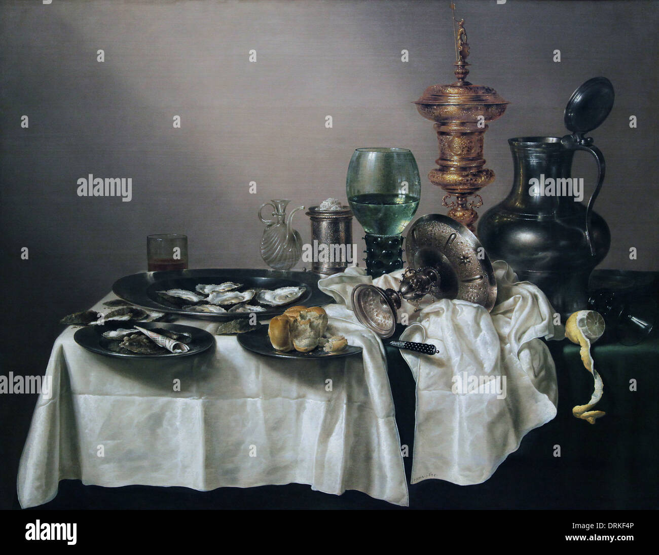 Natura morta con ostriche, un rummer, un limone e una ciotola d'argento (1634) di Willem Claesz. Heda (1594 – 1680) età dell'oro olandese. Foto Stock