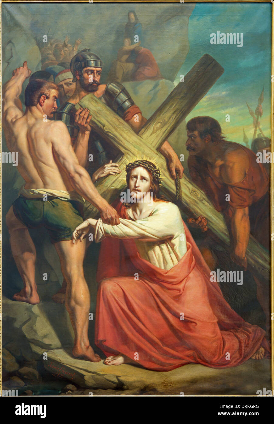 Leuven - Gesù in croce. La vernice forma la chiesa di San Michele (Michelskerk) dall'anno 1855 da Xavier Everaert. Foto Stock