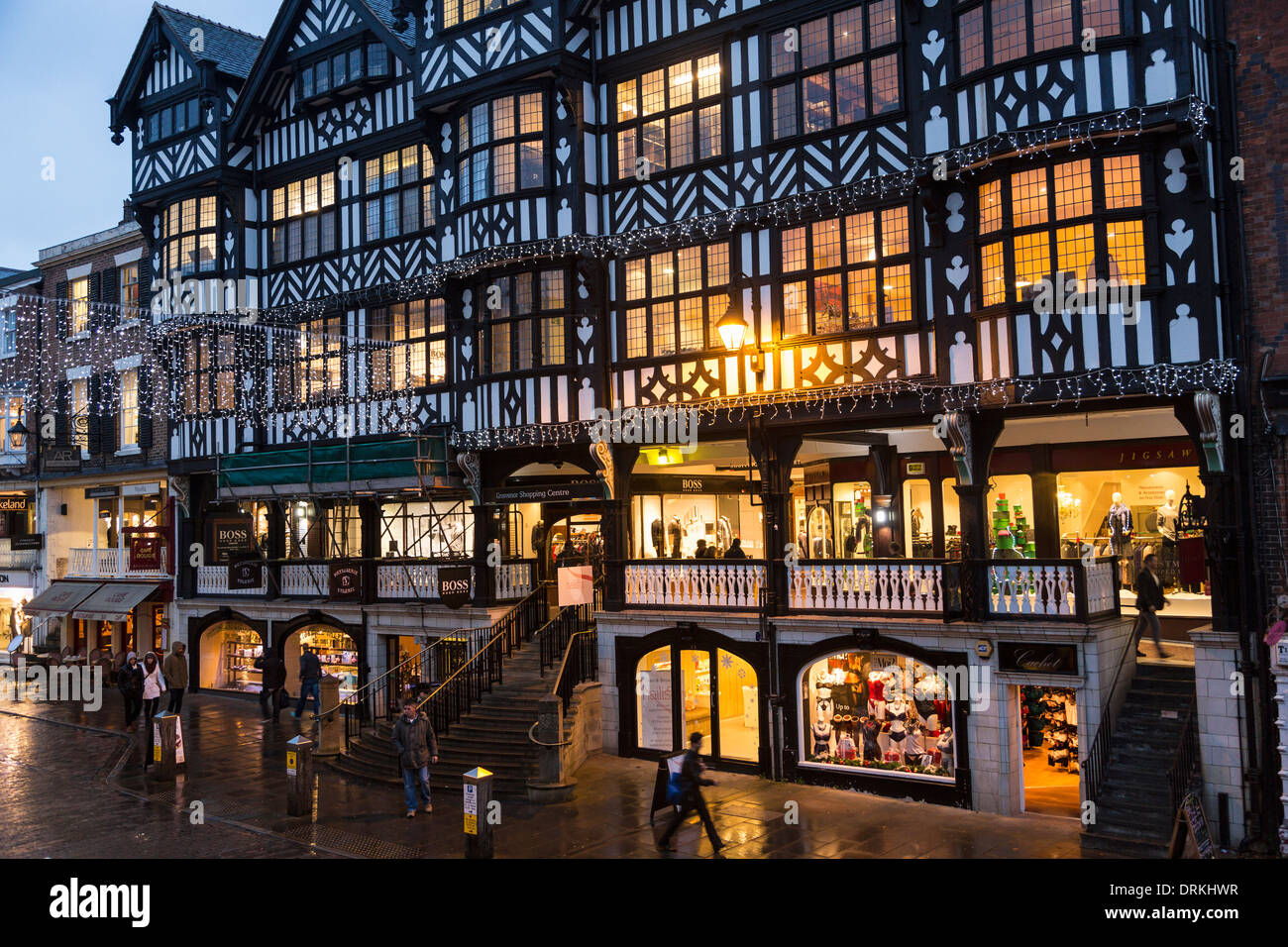 Le righe negozi a Natale, Bridge Street, Chester Foto Stock