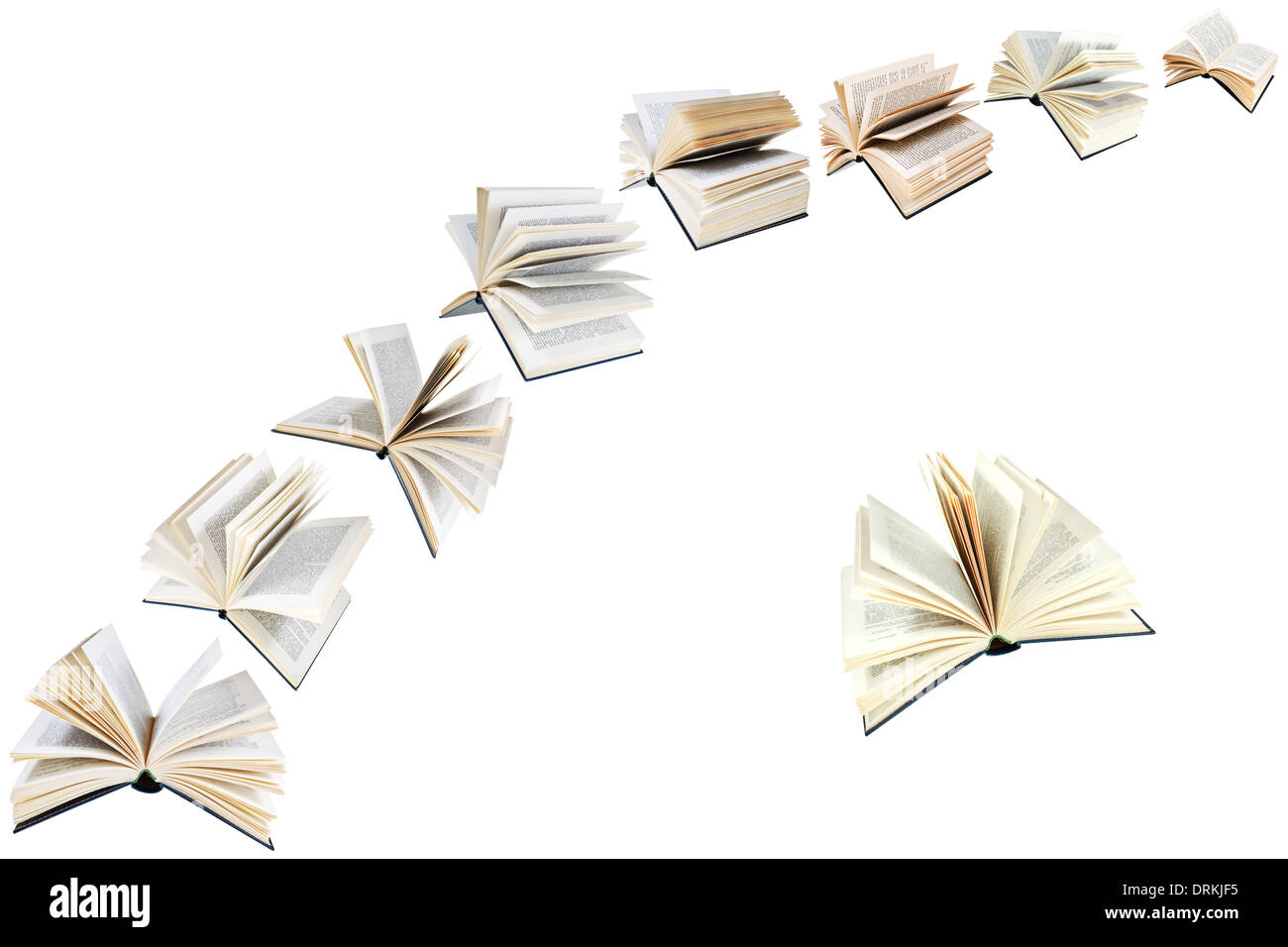 Arco di battenti libri isolati su sfondo bianco Foto Stock