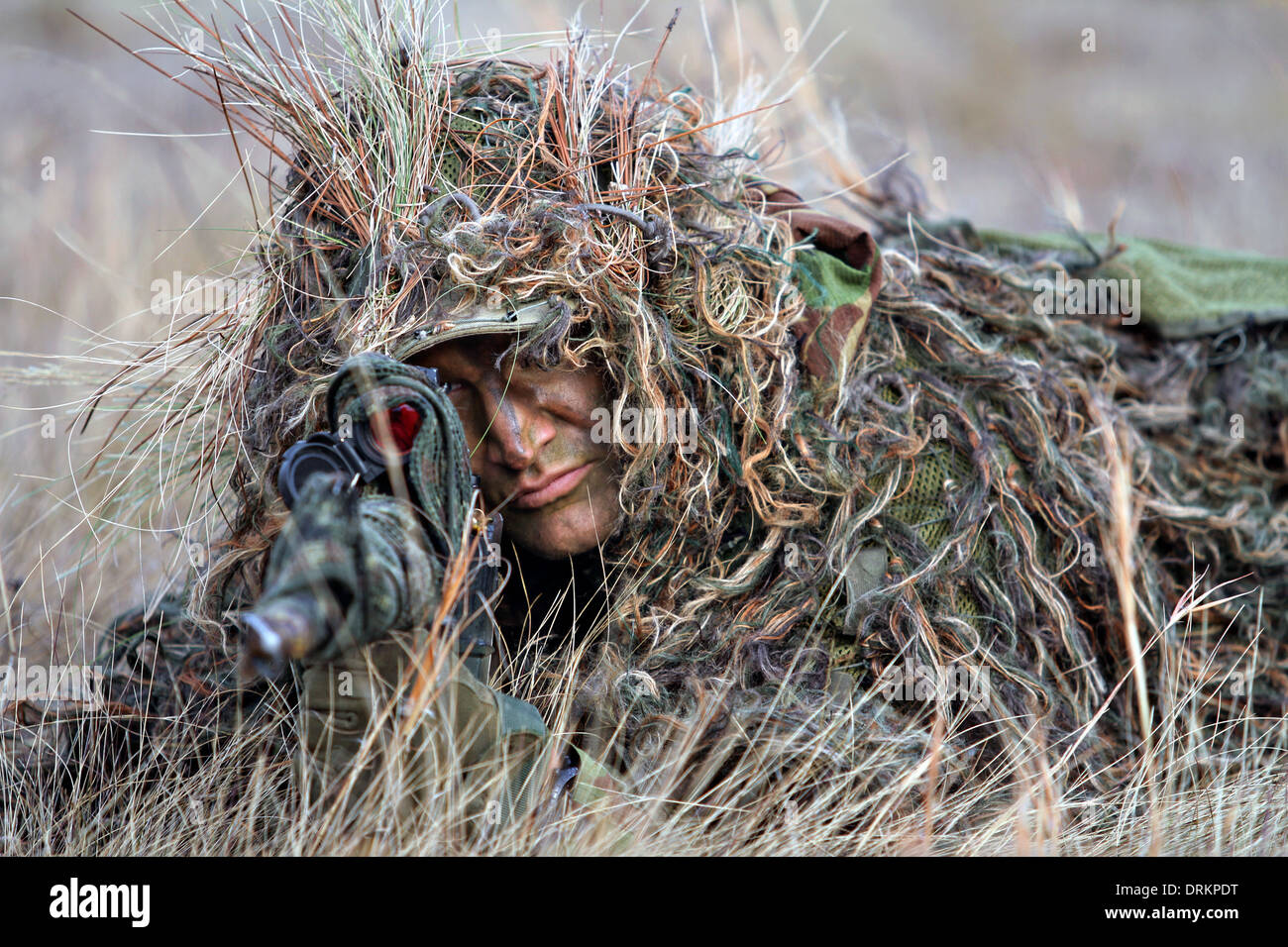 Un cecchino con la Royal Netherlands Army durante corsi di formazione congiunti Gennaio 13, 2014 a Fort Bragg, North Carolina. Foto Stock
