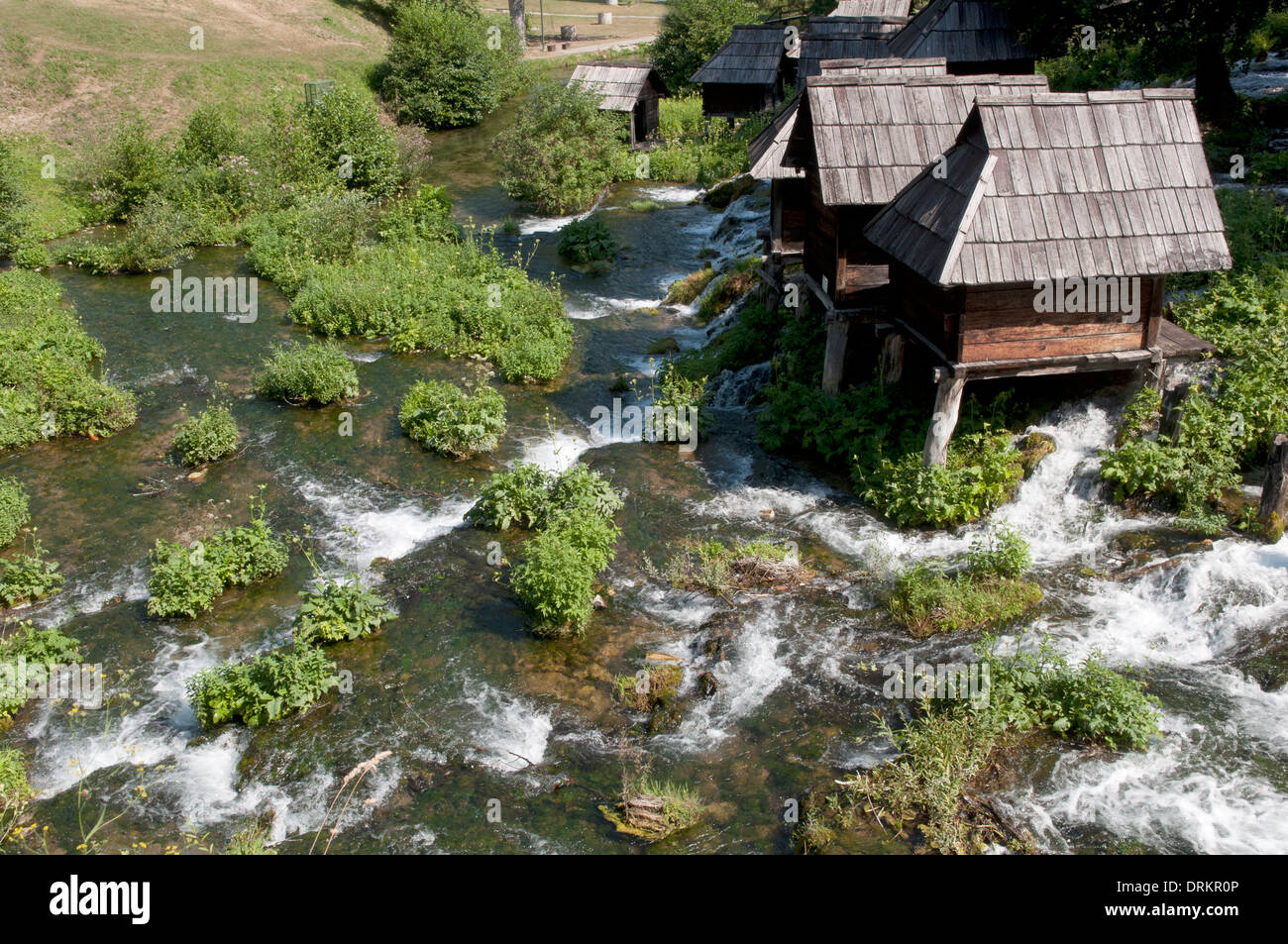 Gli antichi mulini ad acqua sul Pliva laghi, Jajce, Bosnia Erzegovina Foto Stock