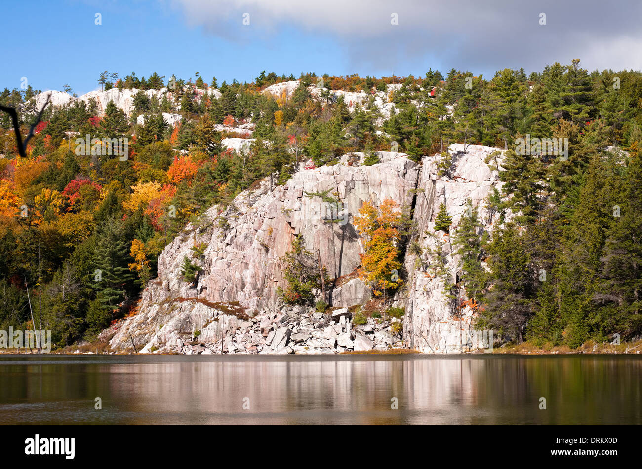 Quarzite bianca scogliera con bellissimo colore di autunno al suo picco. Killarney Provincial Park, Ontario, Canada. Foto Stock