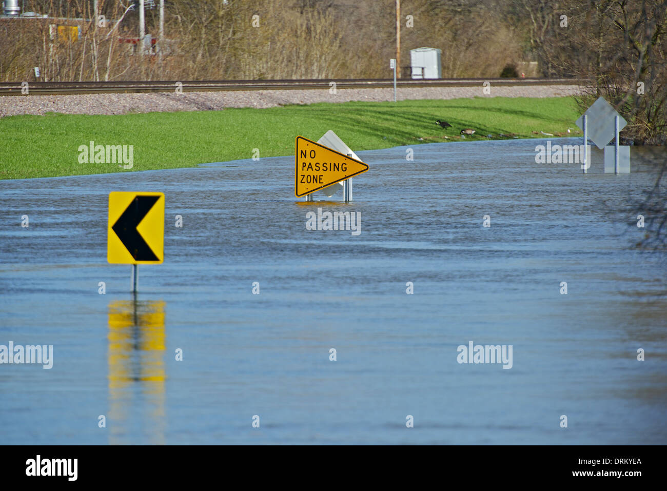 Allagata via della città. Grande alluvione in Illinois, Stati Uniti d'America. Catastrofi climatiche Raccolta foto. Foto Stock