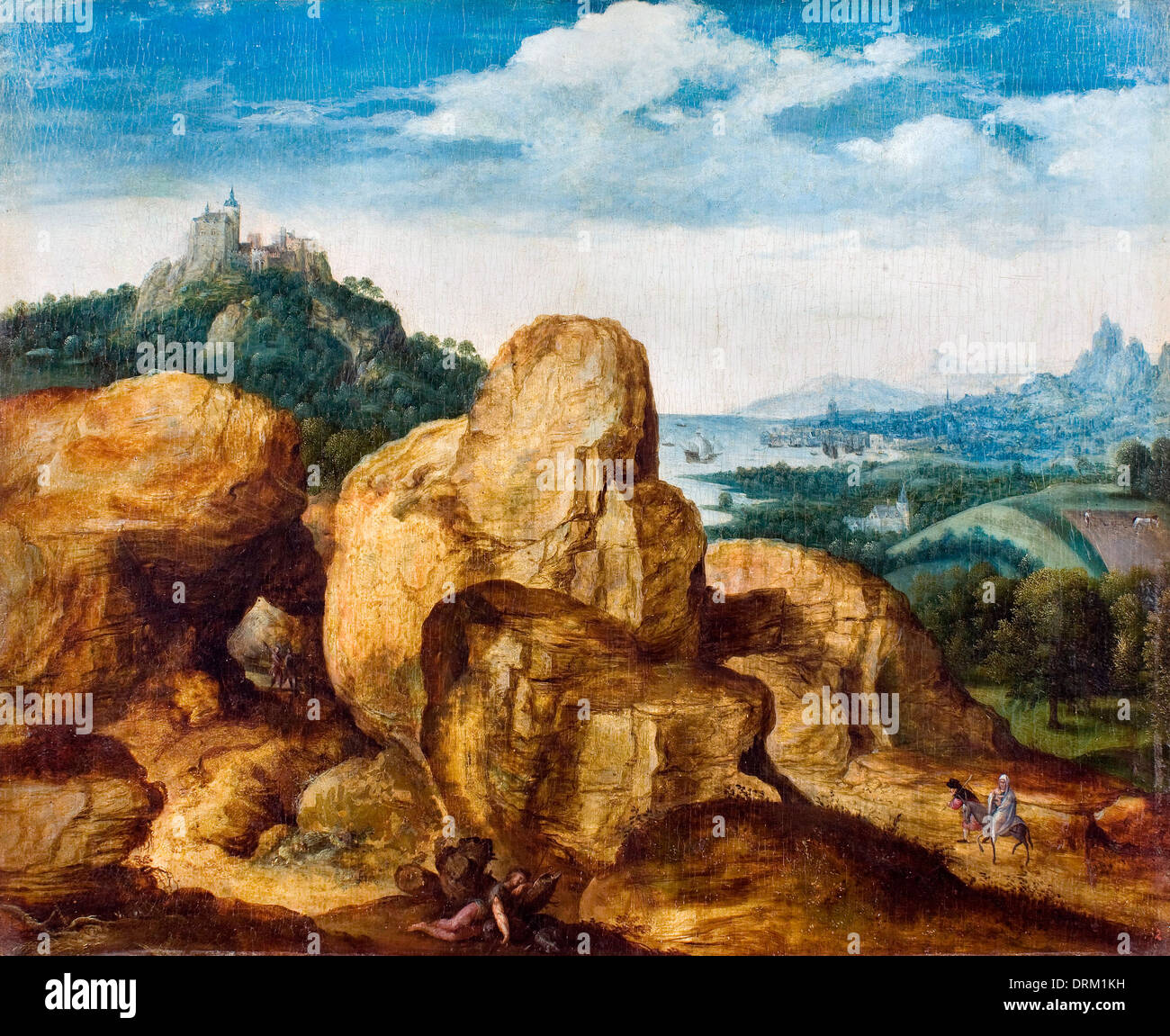 Cornelis Metsys, paesaggio con la Fuga in Egitto 1545-1550 Olio su legno. Il Museu Nacional d'Art de Catalunya, Barcelona, Spagna. Foto Stock