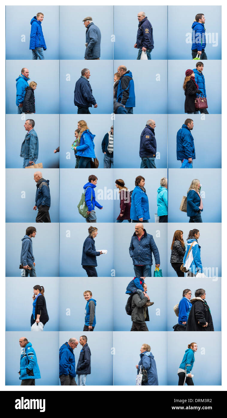 Un montaggio di 28 immagini di persone shopping, retail high street Regno unito, tutti di indossare qualcosa di blu Foto Stock
