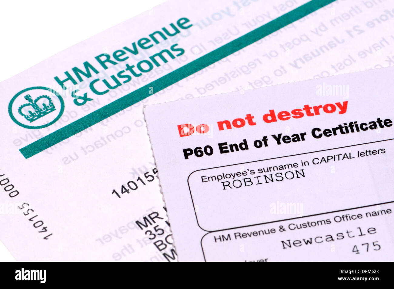 HMRC documenti fiscali - P60 di fine anno di certificato e cedolino paga Foto Stock