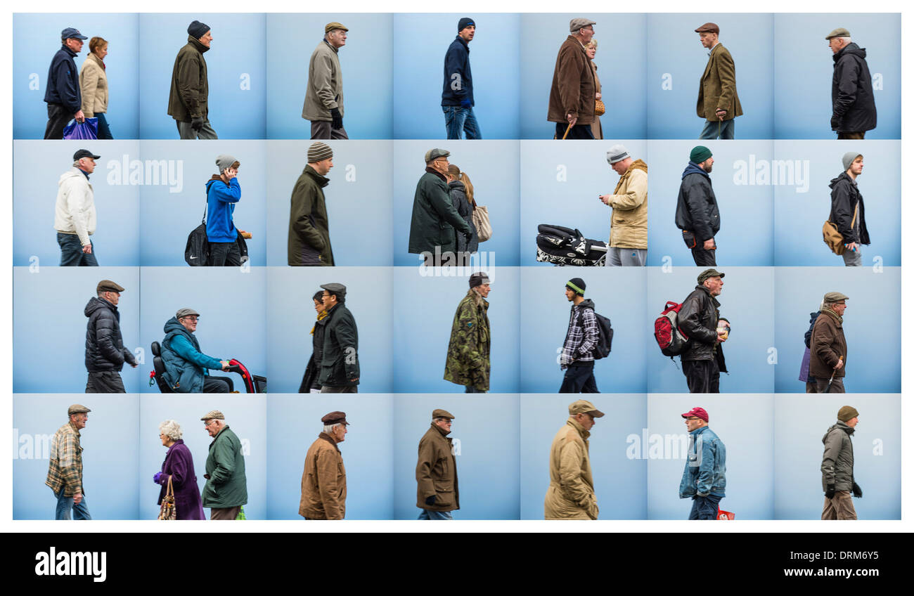 Un montaggio a tema di 28 immagini di uomini people shopping, retail high street Regno unito, tutti di indossare cappelli hat qualcosa sulle loro teste di testa Foto Stock