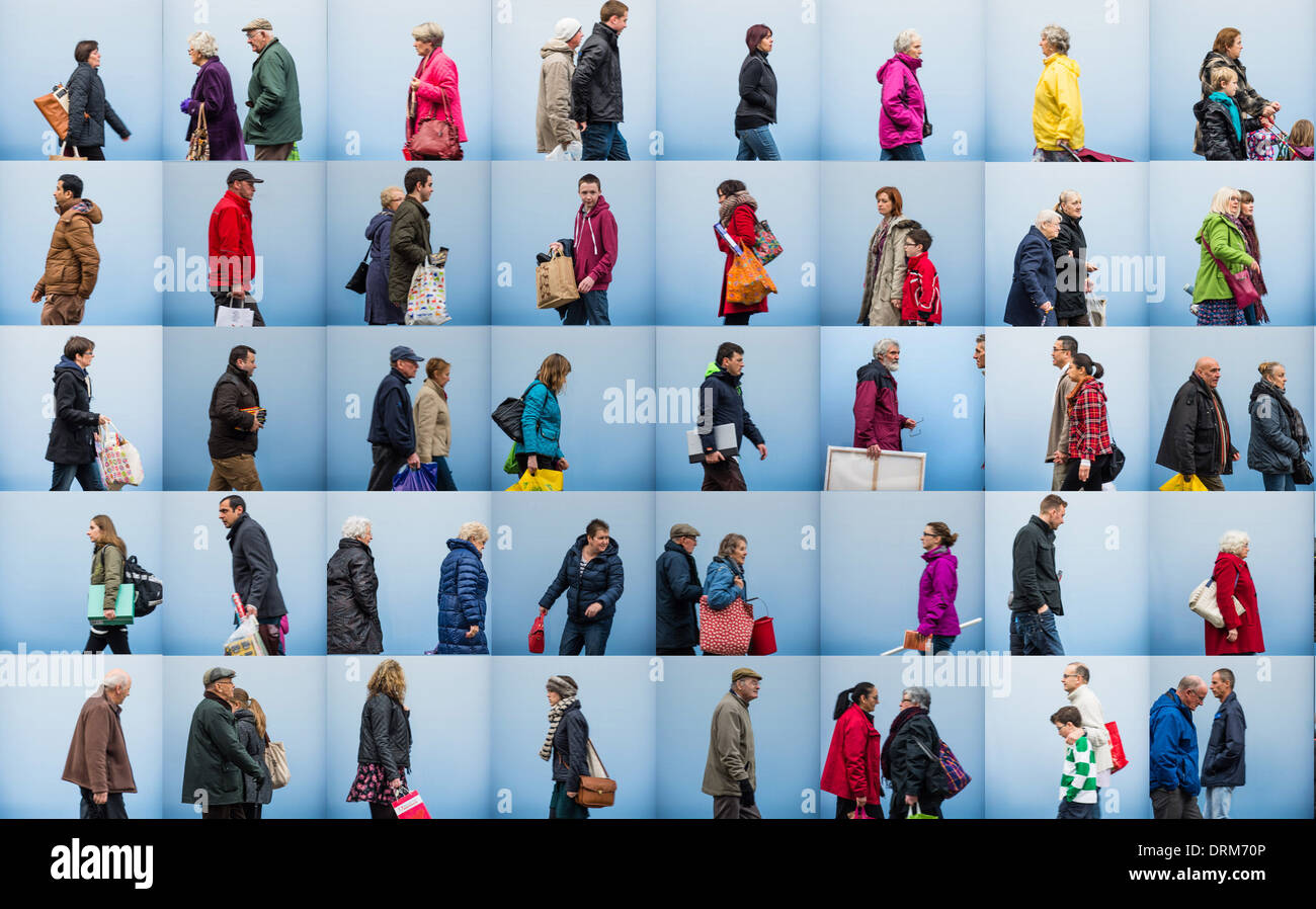 Un montaggio griglia composita di assemblaggio di 40 immagini di persone shopping, retail high street regno unito Foto Stock