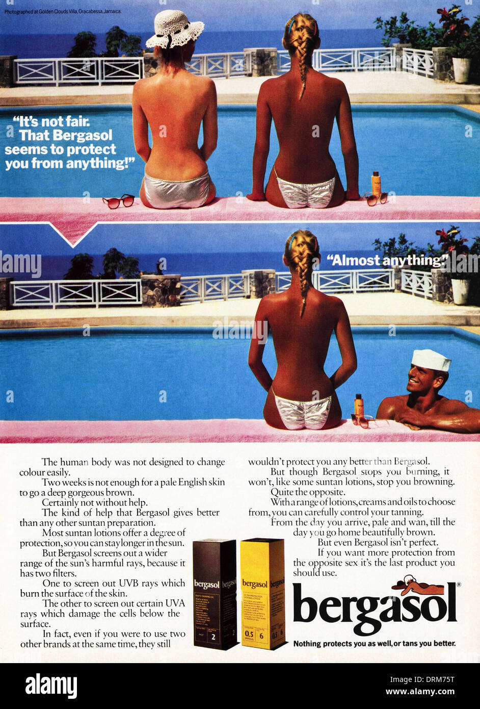 Negli anni ottanta la rivista di moda pubblicità pubblicità BERGASOL lozione solare, annuncio circa 1983 Foto Stock